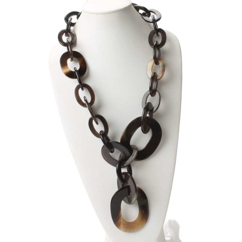 Designer Womens Brown Carved Buffalo Horn Chunky Link Statement Necklace 30"